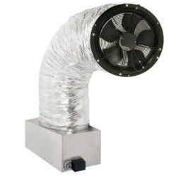 A photo of a CentricAir 2.7 whole house fan on its damper box.