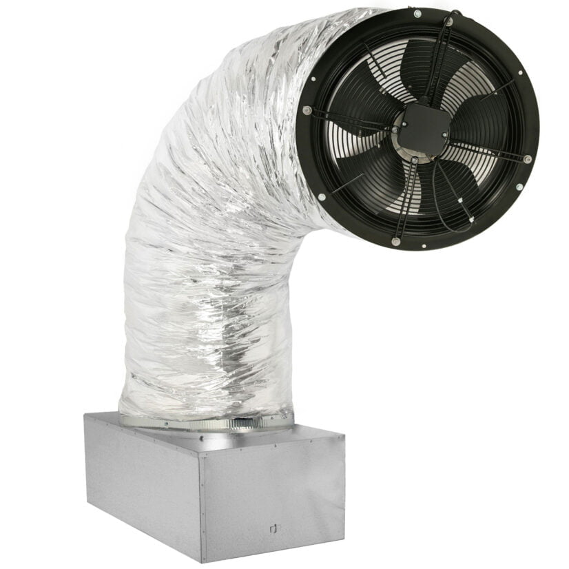 A photo of a CentricAir 1.5 whole house fan on its damper box