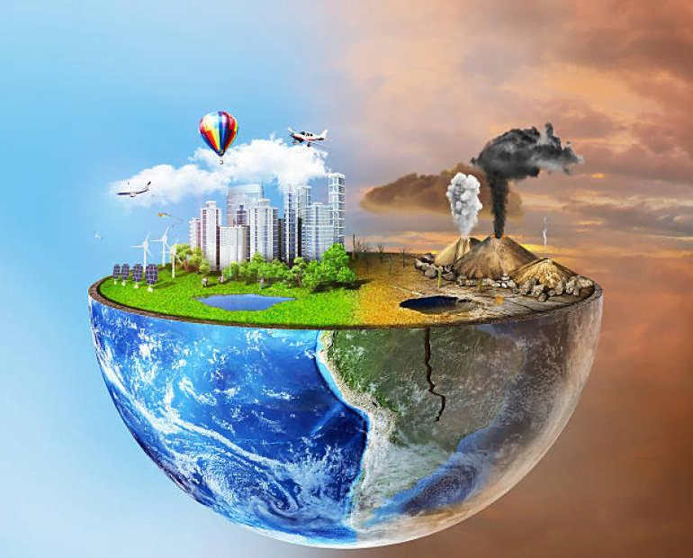 Artwork showing the contrast between a green-energy powered paradise and a polluted wasteland. Whole house fans are an environmentally-conscious choice to help achieve the paradise.